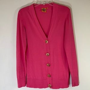 Tory Burch Gold Simone Logo Button Pink Cardigan Size-Medium.